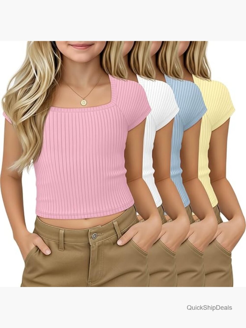 Girls Ribbed Crop Tops Square Neck Short Sleeve Tees 4 Pack